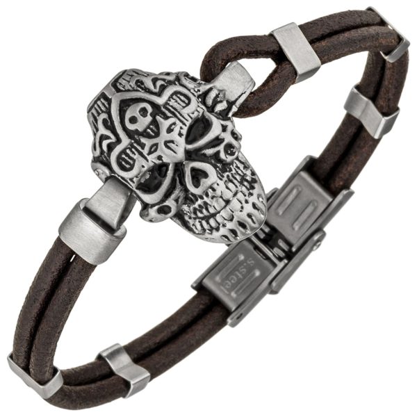 Armband Totenkopf Leder braun und Edelstahl matt 21 cm CJ