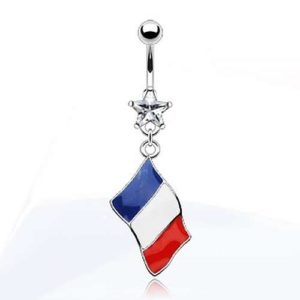 Bauchnabelpiercing mit France Frankreich Flagge und Kristall-Stern Chirurgenstahl EM Fußball