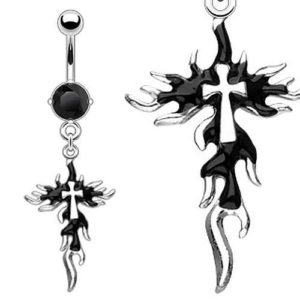 Bauchnabelpiercing mit Tribal Gothic Kreuz schwarzer Kristall Stein C316L