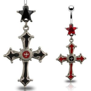 Bauchnabelpiercing mit Zirkonia* Kristall Stern und Gothic Kreuz