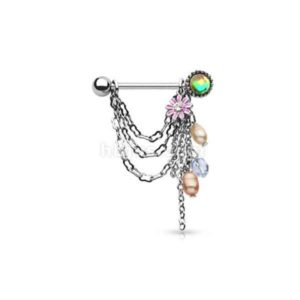 Brustwarzenpiercing Barbell mit hängenden Perlen Blume und Kristall Stein