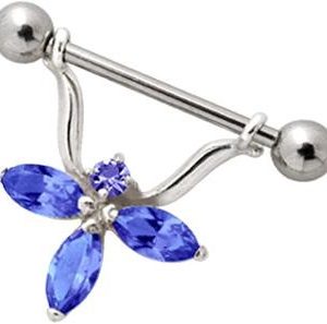 Brustwarzenpiercing Kristall Blume blau Schild mit Barbell Nipple
