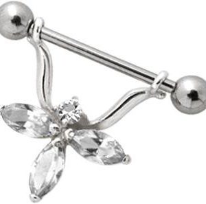 Brustwarzenpiercing Kristall Blume weiß Schild mit Barbell Nipple