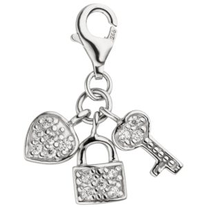 Einhänger Charm Schlüssel zum Herzen 925 Silber 14 Zirkonia Silberanhänger CJ