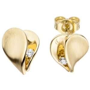 Ohrstecker Herz 585 Gold Gelbgold matt 2 Diamanten Brillanten Ohrringe CJ