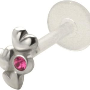 PTFE Piercing Labret Stecker 3 Herzen Kristall Pink Silber 1.2 mm