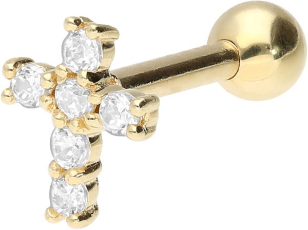 18Karat Echtgold Gelbgold Ohrpiercing Helix Tragus Kreuz mit Kristallen