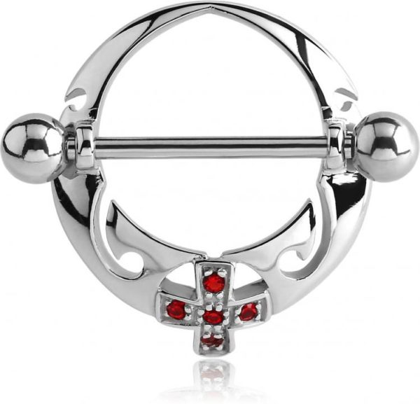 Brustwarzenpiercing Kristall rot Kreuz Schild mit Barbell Nippel Piercing