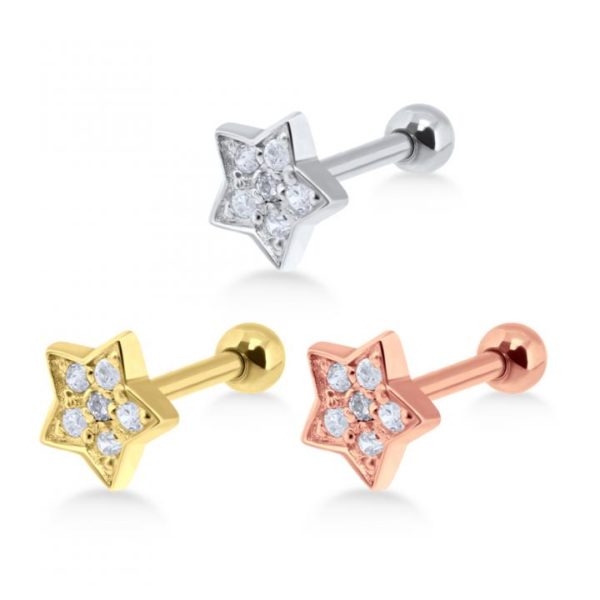 Helix Tragus Piercing Stern mit Kristallen silberfarbig goldfarbig roségoldfarbig