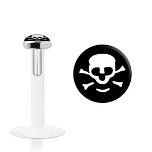 Labret Stecker Bioflex mit Steckaufsatz aus Silber und Logo-Motiv Piraten Totenkopf