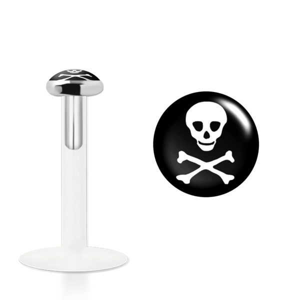 Labret Stecker Bioflex mit Steckaufsatz aus Silber und Logo-Motiv Totenkopf Piraten