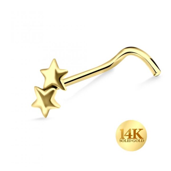 14karat Echtgold Nasenstecker Spirale Nasenpiercing Gelbgold zwei Sterne mit Geschenkbox