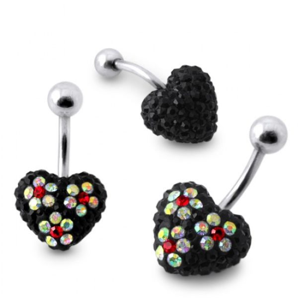 Bauchnabelpiercing Herz mit Blumen und kleinen funkelnden Kristallen