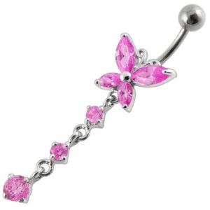 Bauchnabelpiercing Titan 925er Silbermotiv pink Blume mit Schmetterling 8mm/10mm/12mm Stablänge