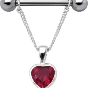 Brustwarzenpiercing Schild Anhänger aus 925er Sterling Silber Herz rot mit Barbell Nipple Piercing