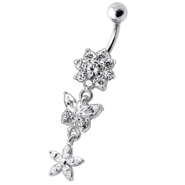 Bauchnabelpiercing Titan 925er Silber-Motiv Blume Schmetterling 8mm/10mm/12mm Stablänge