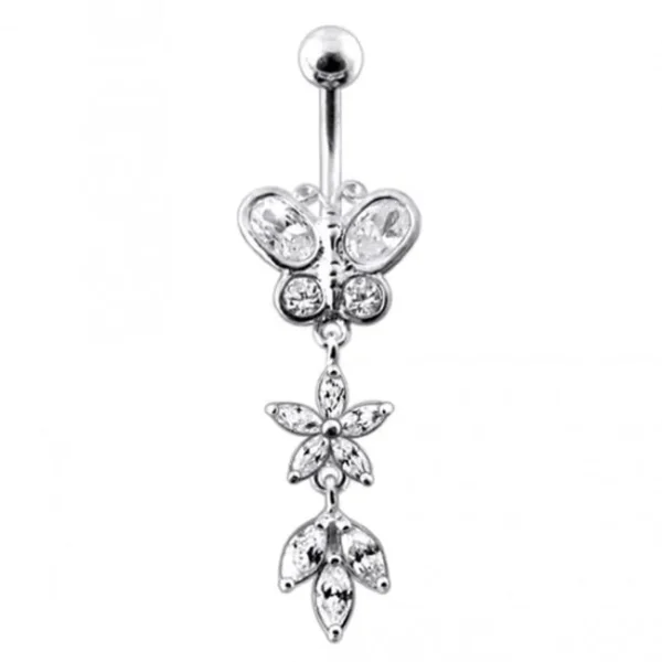 Bauchnabelpiercing Titan 925er Silber-Motiv Schmetterling und Blume 8mm/10mm/12mm Stablänge