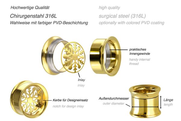 Chirurgenstahl BYO Double Flared Tunnel inkl. Einsatz SCHNEEFLOCKE ++SALE++