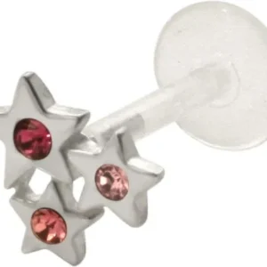 PTFE Piercing Labret Stecker 3 Kristall Sterne pink/rosa 1.2 mm