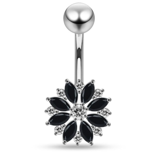 Bauchnabelpiercing Titan 925er Silber-Motiv Blume schwarz-weiss