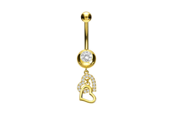 Bauchnabelpiercing 18karat Gold Gelbgold mit zwei Herzen und Kristallen