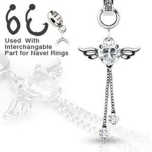 Anhänger Zirkonia Herz mit Flügeln für Kette, Bauchnabelpiercing und Dermal Anchor