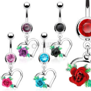 Bauchnabel Piercing Kristallstein und Herz mit Stahl Rose Chirurgenstahl