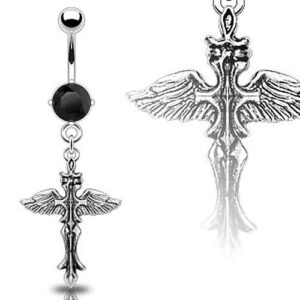 Bauchnabelpiercing Fantasy Kreuz mit Flügel und Kristall aus Chirurgenstahl