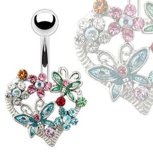 Bauchnabelpiercing Herz mit bunten Kristall Blumen und Schmetterling