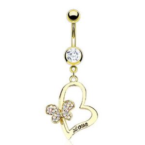 Bauchnabelpiercing Love Herz und Strass Schmetterling Gold Plated