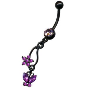 Bauchnabelpiercing Schmetterling Blume Anhänger Kristall black schwarz