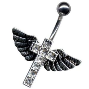 Bauchnabelpiercing Strass Kreuz mit Gothic Flügel