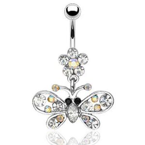 Bauchnabelpiercing mit funkelndem Kristall Schmetterling und Blume C316L