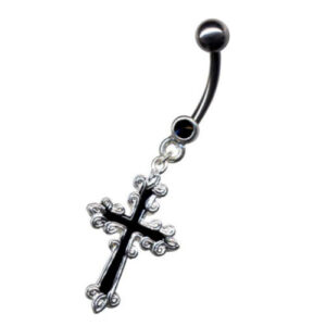 Bauchnabelpiercing schwarzes Kreuz und Kristall Gothic aus Chirurgenstahl