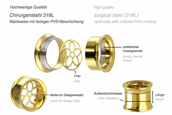 Chirurgenstahl BYO Double Flared Tunnel inkl. Einsatz BLUME ++SALE++