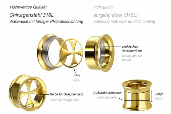 Chirurgenstahl BYO Double Flared Tunnel inkl. Einsatz EISERNES KREUZ ++SALE++