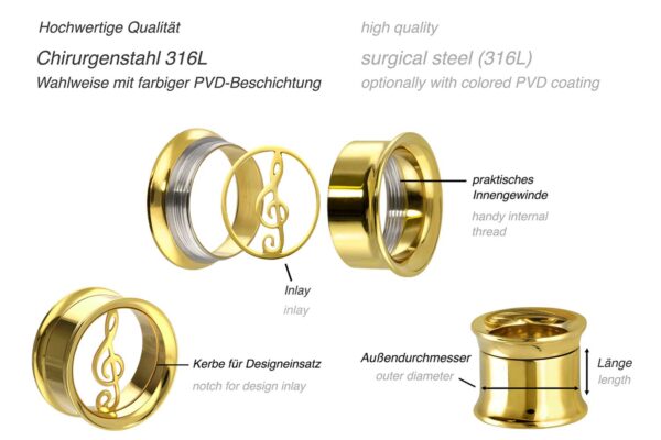 Chirurgenstahl BYO Double Flared Tunnel inkl. Einsatz NOTENSCHLÜSSEL ++SALE++