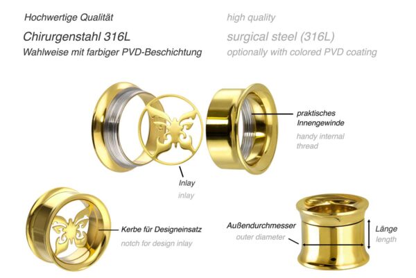 Chirurgenstahl BYO Double Flared Tunnel inkl. Einsatz SCHMETTERLING ++SALE++