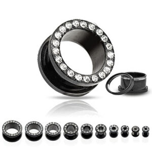 Flesh Tunnel aus Titan (PVD) und Strass-Steinen Black