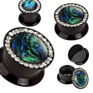 Flesh Tunnel mit Abalone Muschel Inlay und Strass-Steinchen