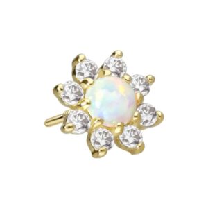 14 Karat Gold Schraubaufsatz mit Außengewinde MOISSANIT-BLUME + SYNTHETISCHER OPAL