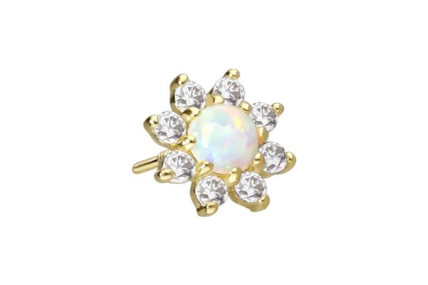 14 Karat Gold Schraubaufsatz mit Außengewinde MOISSANIT-BLUME + SYNTHETISCHER OPAL
