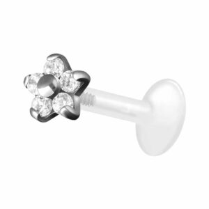 PTFE Labret mit Innengewinde + Titan-Aufsatz BLUME MIT 5 KRISTALLEN