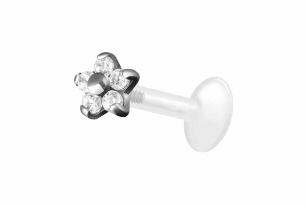 PTFE Labret mit Innengewinde + Titan-Aufsatz BLUME MIT 5 KRISTALLEN