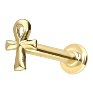 14 Karat Gold Labret mit Innengewinde ÄGYPTISCHES KREUZ