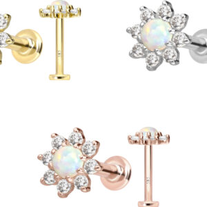 14 Karat Gold Labret mit Innengewinde MOISSANIT-BLUME + SYNTHETISCHER OPAL