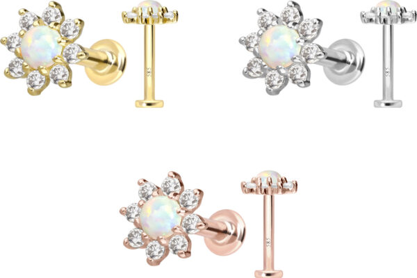14 Karat Gold Labret mit Innengewinde MOISSANIT-BLUME + SYNTHETISCHER OPAL