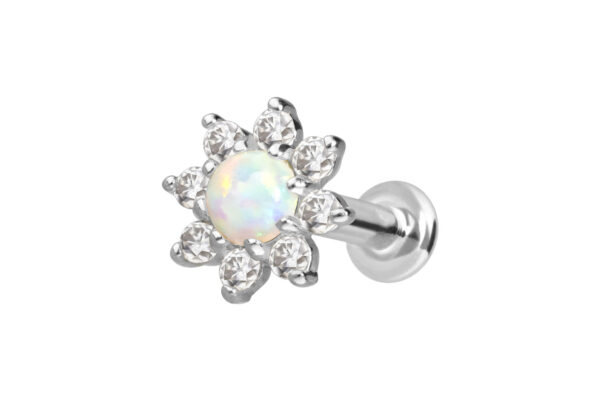 14 Karat Gold Labret mit Push Fit BLUME + SYNTHETISCHER OPAL