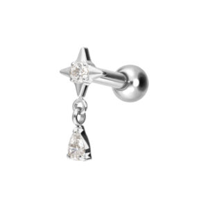 Titan Ohrpiercing mit Innengewinde STERN + KRISTALLTROPFEN