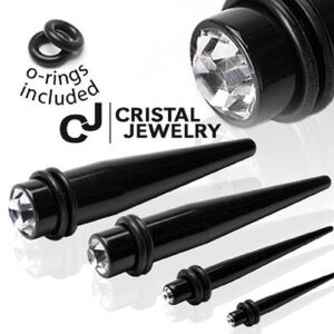 Dehnungsstab Taper Expander aus Acryl schwarz mit Kristall-Stein